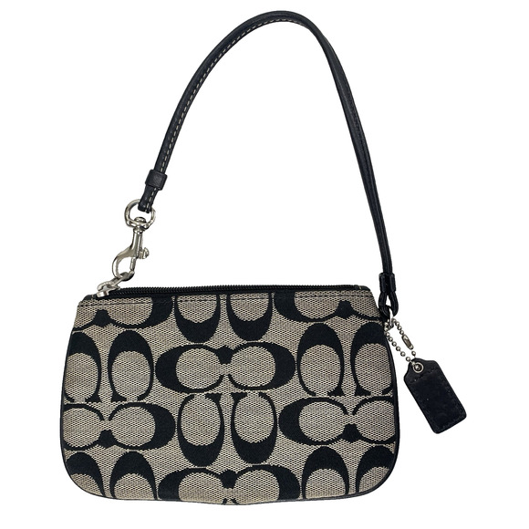 COACH Signature Wristlet 7" x 4" Black Beige Canvas Lined Hang Tag Clutch GUC - Picture 2 of 8